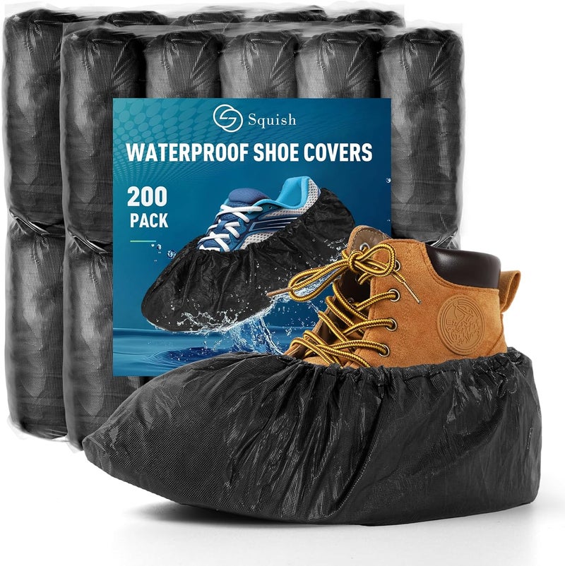 squish Shoe Covers Disposable Non-Slip, 200 Pack 6g Thick Booties Cover, Waterproof Slip Resistant Disposable Shoe Covers Durable Protector Covers for Indoors and Outdoors Fit Up to 13 Size (Black) - Image 1